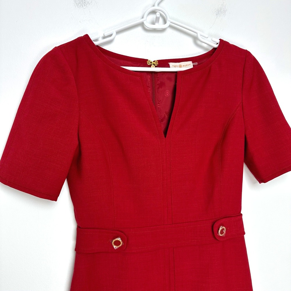 Tory Burch Lydia Sheath Wool Dress Red Short Sleeve Notched Neck Size 4 NWT - Picture 5 of 12